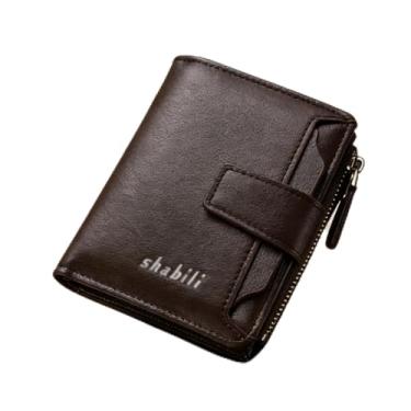 Imagem de Carteira masculina de couro curta com zíper com vários compartimentos para cartões, carteira de viagem de negócios segura (marrom escuro)