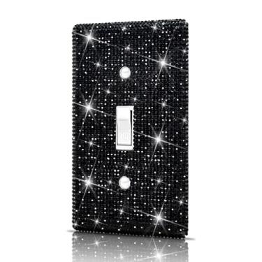 Imagem de Capa de interruptor de luz para placas de parede, capas de tomada decorativas pretas, capa de placa de parede brilhante com strass brilhante, placa de parede, interruptor único para cozinha, quarto