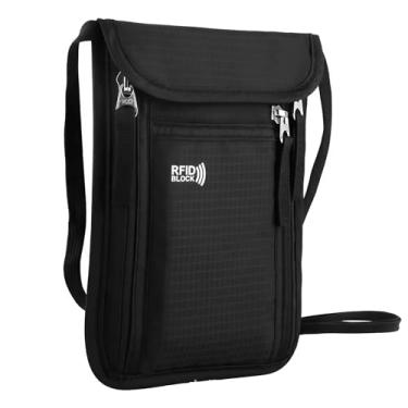 Imagem de Carteira de viagem com alça de pescoço, porta-passaporte familiar com bloqueio de RFID, organizador de documentos para viagens seguras, Preto, Moderno