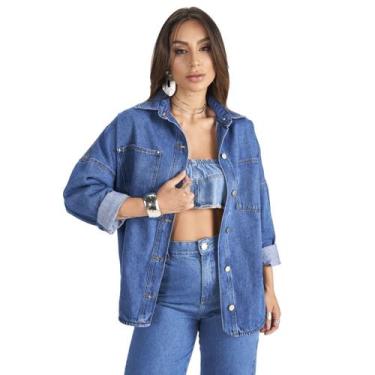 Imagem de Jaqueta Jeans Feminina Max Longa Inverno Camisão Camisa Plus Size Over