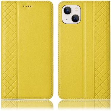 Imagem de FULNES Capa de telefone flip com suporte de cartão, para Apple iPhone 14 Plus 6,7 polegadas 2022 capa de telefone de couro fólio magnético (cor: limão)