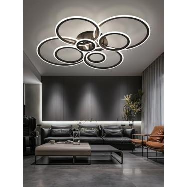 Imagem de Luminária de teto LED preta com design criativo em formato de anéis, moderna e regulável, com controle remoto, ideal para sala de estar, quarto, corredor e sala de jantar (8 anéis).