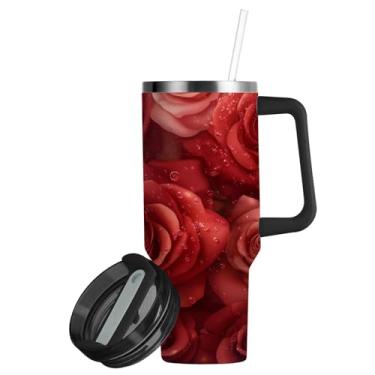 Imagem de ATTX Copo de rosas de 850 g com alça, copo de aço inoxidável a vácuo de parede dupla com palha, caneca de café de viagem isolada #552