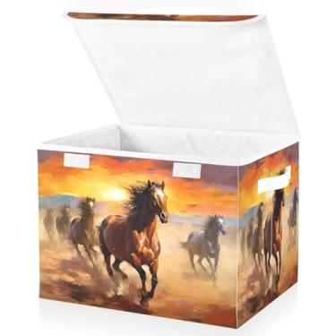 Imagem de Blueangle Cestos de armazenamento de cavalos vermelhos laranja marrom com tampas, 42 x 32 x 30 cm, cesta organizadora grande dobrável para decoração de escritório e armário (181)