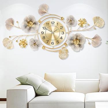 Imagem de JXQXYN Relógio de parede, relógios para sala de estar, relógio de parede silencioso decorativo, design de folha de ginkgo de metal retrô 3D, para escritório, quarto, relógio de cozinha (91 x 50 cm)