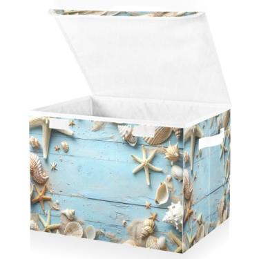 Imagem de Blueangle Cestos de armazenamento de madeira azul com tampas, 42 x 32 x 30 cm, grande cesta organizadora dobrável para decoração de casa e escritório (439)