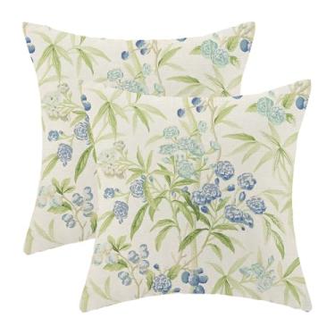Imagem de Capas de almofada floral verde azul sálvia 45,7 x 45,7 cm vintage floral flores silvestres conjunto de 2 fronhas botânicas primavera verão decoração ao ar livre para sofá quarto almofada de linho