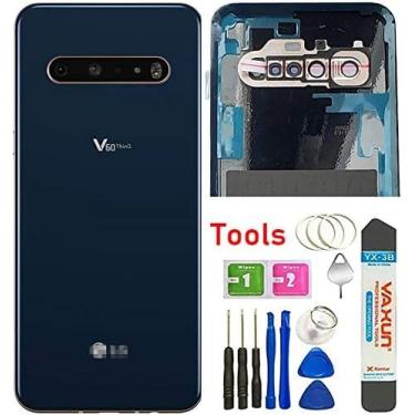 Imagem de V60 Painel de reposição de vidro traseiro para porta de montagem com lente de câmera peças de montagem para LG V60 ThinQ V600 5G todos os EUA Verison + pino de ejetar W/Tools (V60 W/Lente de câmera azul)