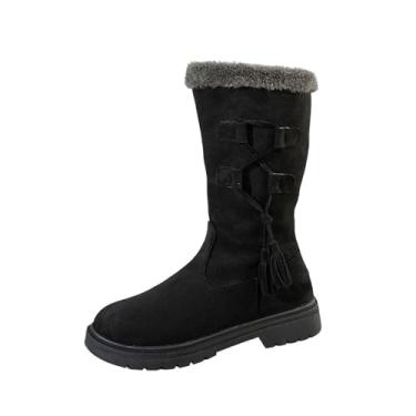 Imagem de Botas femininas casuais até o meio da panturrilha, material de camurça, bico redondo, zíper lateral, salto baixo, forro de lã para aquecimento e conforto no inverno, Preto, 38