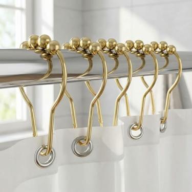 Imagem de Conjunto de 12 ganchos de cortina de chuveiro, ganchos de chuveiro deslizantes duplos de metal resistente à ferrugem com bolas de rolo lisas para varões de chuveiro e cortinas de banheiro dourado