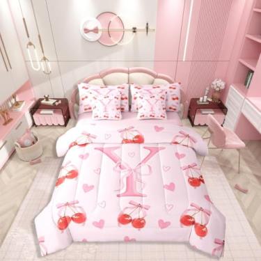 Imagem de Conjunto de cama casal com letra Y com 7 peças, monograma com laço kawaii, estilo princesa, inclui edredom, conjunto de lençol, fronhas e fronhas, decoração de quarto de coração fofo para amantes de