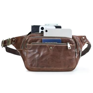 Imagem de CONTACTS Pochete Masculina em Couro Legítimo Retro, com Alça Ajustável (52-89cm) e Fecho de Metal Mortise, 4 Bolsos com Zíper, Grande Capacidade – Bolsa Transversal Masculina de Luxo(Marrom)