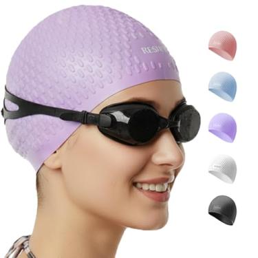 Imagem de Touca de natação de silicone para mulheres com cabelo comprido – Design antiderrapante 3D, touca de banho durável e resistente a rasgos à prova d'água para adultos (roxa)