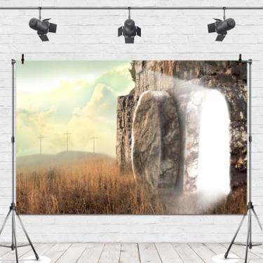 Imagem de Leowefowa Pano de fundo vazio túmulo 3 x 2,4 m vinil luz sagrada crucifixo buraco pedra fotografia fundo Jesus no mundo selvagem Páscoa Lord Pray Church Missionary Events Decorações