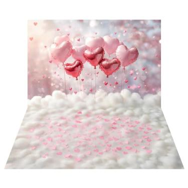 Imagem de Kate 3 x 2 m, balões de coração rosa para dia dos namorados, cenário de nuvens + 3 x 2 m corações rosa em fundo de textura de nuvem branca