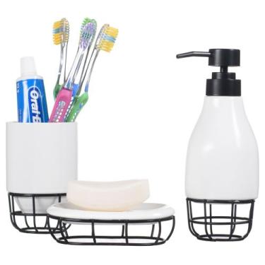 Imagem de Kit Banheiro Lavabo Porta Sabonete Líquido Branco Aramado - PGB