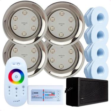 Imagem de Kit 4 Refletores Led 9w RGB Inox S e Comando para Iluminação Piscina F