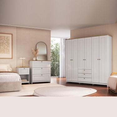 Imagem de Conjunto Quarto Solteiro Completo 3 Peças 6 Portas 7 Gavetas Americano Cor Branco - Decibal Móveis