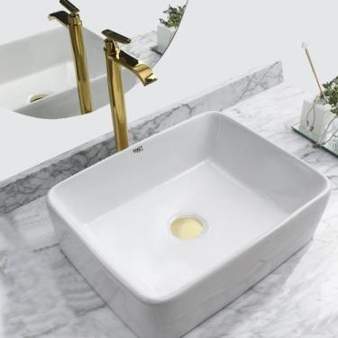 Imagem de Kit Cuba Pia Louça Cerâmica Banheiro C/ Torn e Vál Dourada 4 - Smart N