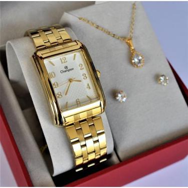 Imagem de Relogio champion feminino quadrado dourado medio cn20373w + kit semi j