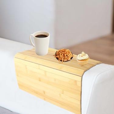 Imagem de Bandeja de braço de sofá de bambu com cesta dobrável para apoio de braço bandeja antiderrapante para sofá à prova de respingos bandeja organizadora de sofá de bambu para descanso de braço para sofá