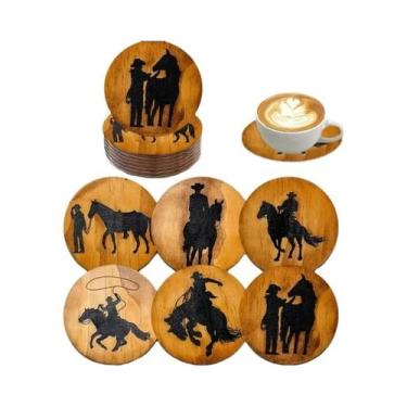 Imagem de Porta-copos De Madeira Retrô 2D Com Elementos De Cavalo, Impressão Col