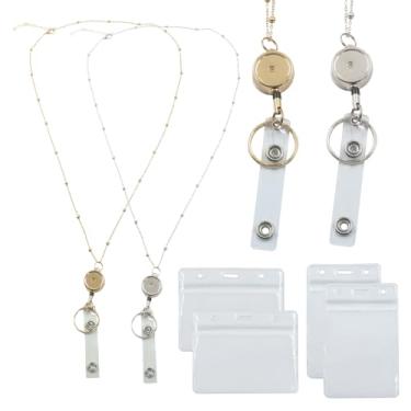 Imagem de Zorfeter Pacote com 2 cordões de crachá com porta-identidade, colar de aço inoxidável à prova d'água, corrente de clipe de carretel retrátil para escola/escritório (ouro, prata)