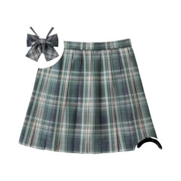 Imagem de Saia Mini Plissada Xadrez Feminina De Cintura Alta Com Laço Estilo Pre