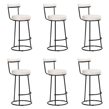 Imagem de Banqueta Alta Cozinha 70cm Encosto Industrial Aço Kit 6 Ziria Pu Off White S02 - D'Rossi