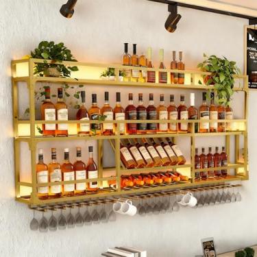Imagem de RAJYQODIS Rack de vinho montado na parede, suporte flutuante para vidro de licor industrial de 3 níveis, grande rack de exibição de garrafa de vinho de metal, prateleira suspensa, para decoração de