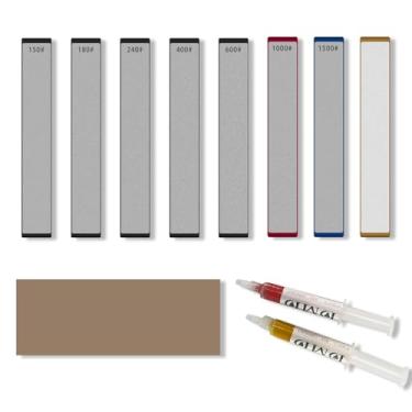 Imagem de DMD Conjunto de 11 peças de pedras de amolar de diamante | Kit de afiar facas com grãos 150#–1500#, pedra cerâmica, couro Strop e compostos de polimento | Sistema de afiar profissional para facas de