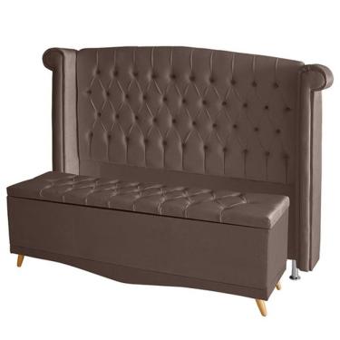 Imagem de Kit Cabeceira De Cama Box E Calçadeira Baú Luxo Casal 140 Cm Suede Rosê Do Lar Móveis