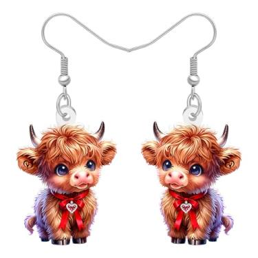 Imagem de RAIDIN Brincos com pingente de vaca Highland em acrílico, presentes escoceses para decoração feminina, desenho animado, gado, escocês, joias de vaca Highlander, para amantes de animais de fazenda