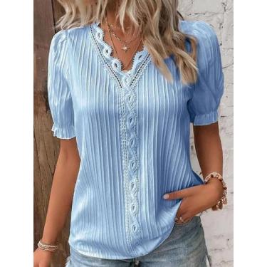 Imagem de Camisa Casual De Manga Curta Em Renda Branca Com Violetas Amarelas E V