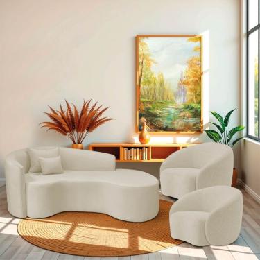 Imagem de Kit Recamier Curvo Sala De Estar Inglaterra 180cm Lado Direito E 2 Poltronas Orgânica Luxo Amore Bouclé Bege