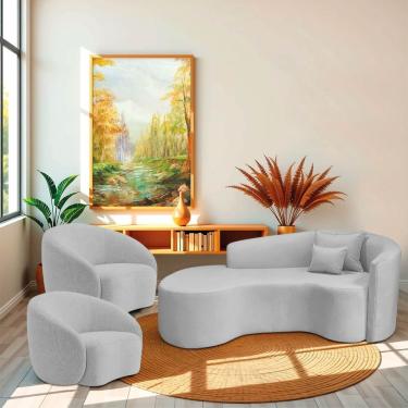 Imagem de Kit Recamier Curvo Sala De Estar Inglaterra 200cm Lado Esquerdo E 2 Poltronas Orgânica Luxo Amore Linho Cinza Claro