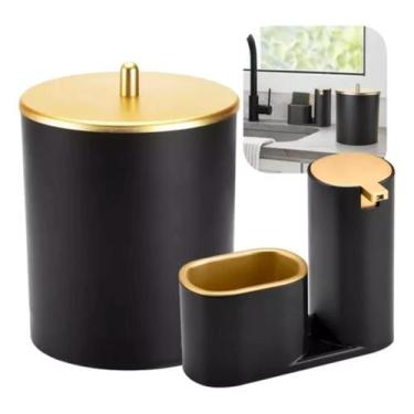 Imagem de Kit Lixeira 5 Litros E Dispenser Liquido Luxo Preto Dourado Pia Cozinh