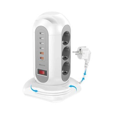 Imagem de Tomada Múltipla De 9 Saídas Com 6 USB, Torre Vertical Com Tomadas EU E