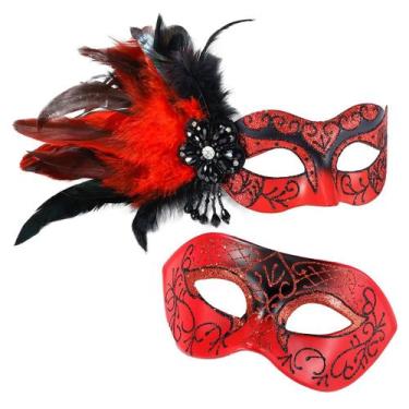 Imagem de Máscara de máscara MYSEUNI vermelha para casal com penas