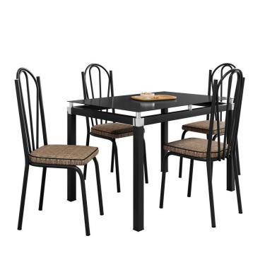 Imagem de Kit Conjunto Mesa de Jantar Malva Base 4118 4 Lugares Tampo Vidro com Assento Rattan Preto