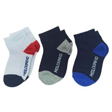 Imagem de Kit 3 Pares De Meias Masculina Infantil Molekinho Lisa, Branco, Marinh