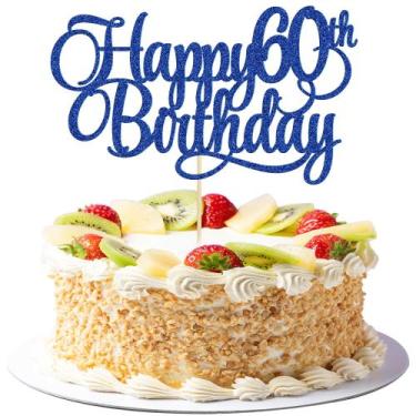 Imagem de Topo de Bolo Ephlyn Aniversário de 60 Anos Glitter Azul 20 cm