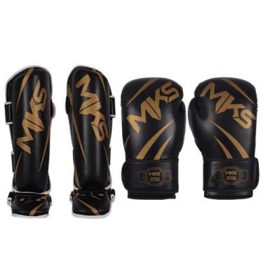 Imagem de Kit Luva Boxe New Champion Preto/Dourado 10oz + Caneleira Champions Pr