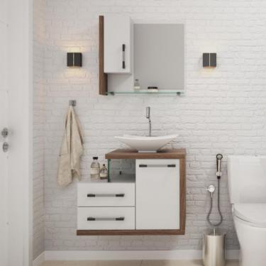 Imagem de Conjunto de Gabinete de Banheiro com Cuba L38 e Espelheira Wood 2 PT 2 GV Branco e Nogal