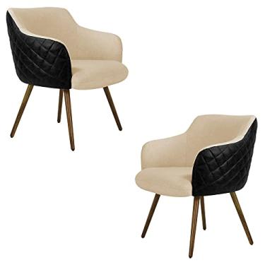 Imagem de Kit 2 Poltronas Decorativas Kitana Pés Palito PU Sintético/Linho Preto/Bege - Gran Belo