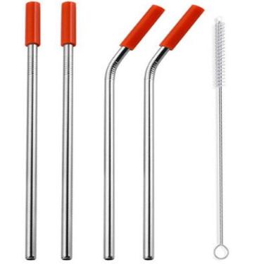 Imagem de Canudos Aço Inox Milk Shake Silicone 7mm kit 4 Reutilizaveis Laranja