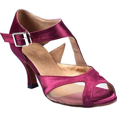 Imagem de RoseSalabobo QQQ-6137 feminino festa de casamento tango Peep Toe salto alto cetim sapatos de dança, rosa, 6