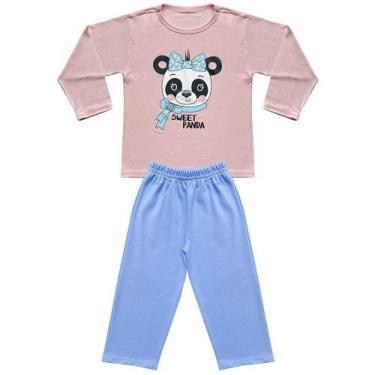 Imagem de Pijama Infantil Look Jeans Longo Panda Rosa/Azul - Rosa - 02