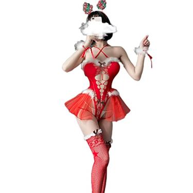 Imagem de Lingerie feminina sexy Papai Noel feminina cosplay anime impertinente lingerie de Natal pijama camisola (vermelho2)
