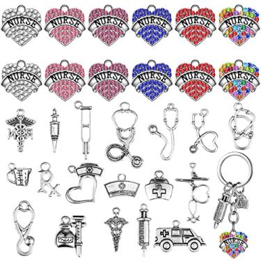 Imagem de 84 peças de chaveiro de enfermeira de coração de cristal, berloques de enfermeira, berloques, chapéu de enfermeira para formatura, aniversário, enfermeira, semana, presentes, colar de joias